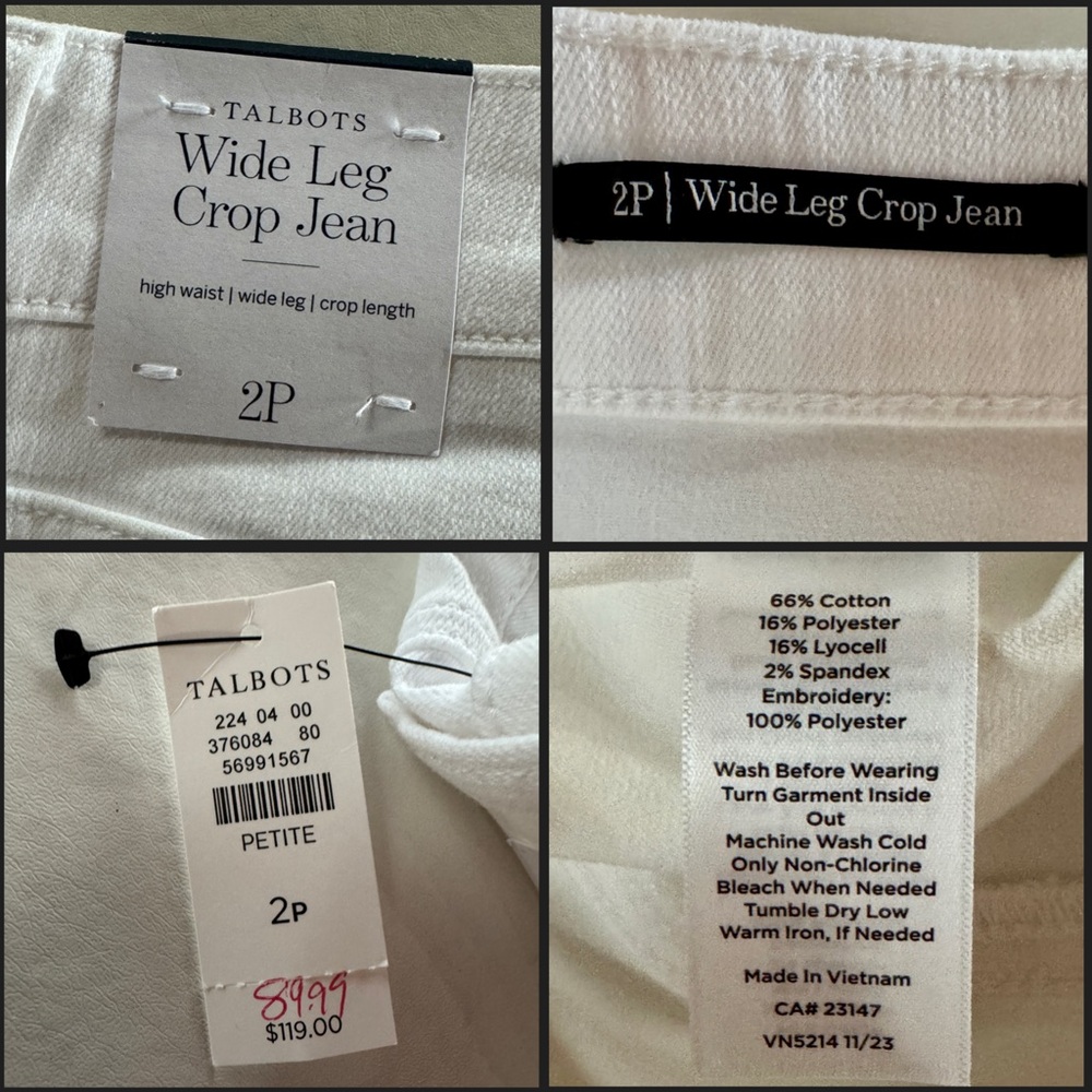 NWT TALBOTS PIECED EMBROIDERED WIDE LEG CROP JEANS WHITE (2P) - Picture 5 of 12